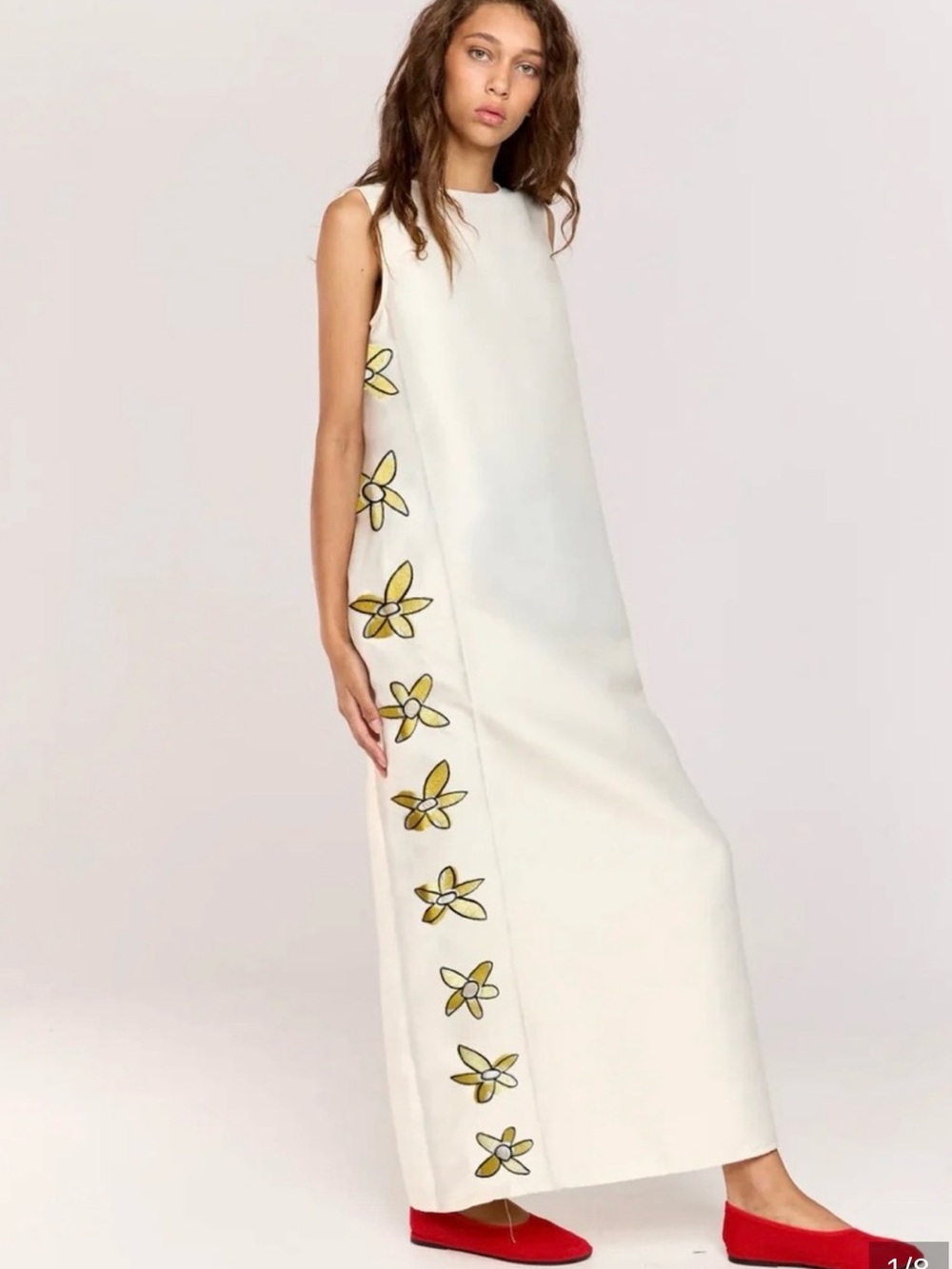 Romy Bloom Shift Maxi Dress Cream with Embroidered Flower Detail Size XS NWT